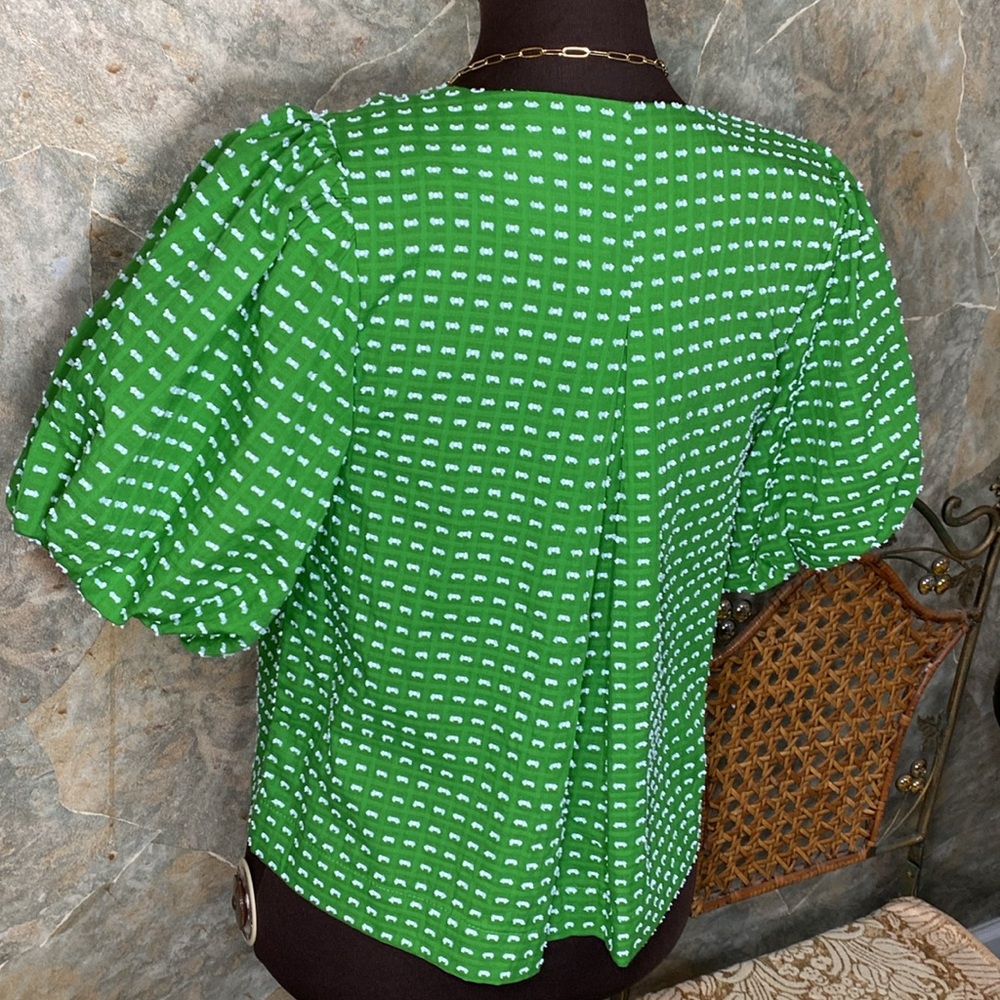 Kate Spade textured puff sleeve shirt top blouse tunic puff sleeves bow pleated - Picture 10 of 11